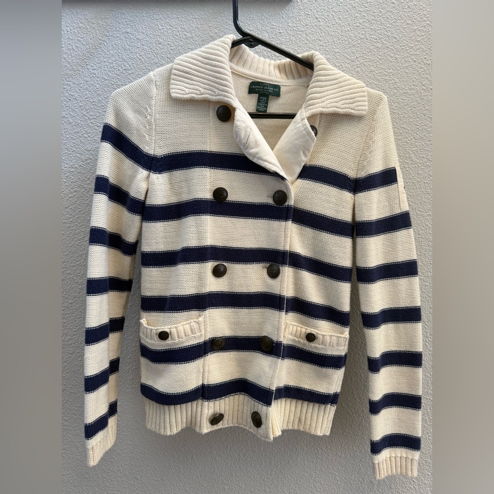 Lauren Ralph Lauren Jeans Co. Nautical Striped Double Breasted Cardigan Petite